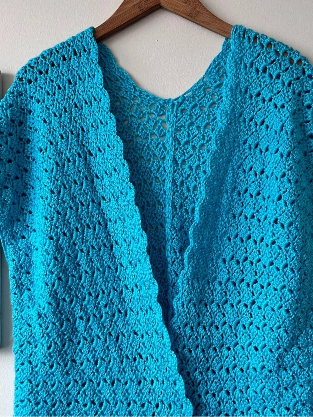 Vintage Hand Crocheted Open Front Turquoise Boho Festival Hippie Vest Size L